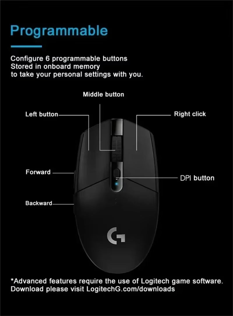Original G304 Ligthspeed Wireless Gaming Mouse, Hero 12K Sensor, 12000DPI, 6 Programmable Buttons, Compatible PC Macos
